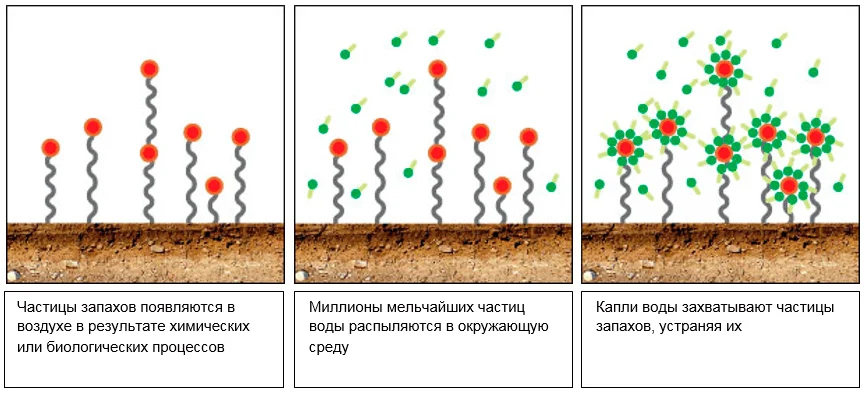 Действие системы туманообразования по борьбе с запахами